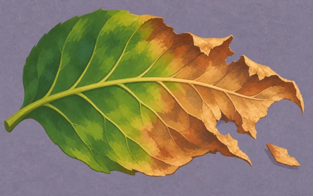 A leaf stretches across the frame with a dry broken edge and an unbroken central vein.