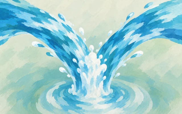 Two streams of water sweep toward a central splash above a circular pool.