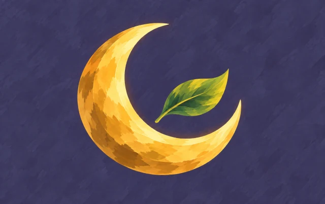 A broad soft crescent curves around a small leaf, leaving a clear gap between them.