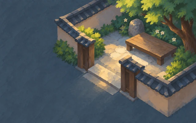A small courtyard model seen from above has a low empty space and an open entrance.