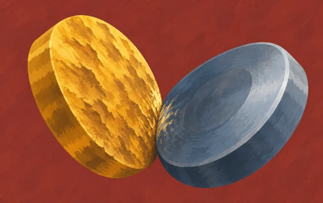 Two differently textured disks press their rough edges together at an awkward angle.