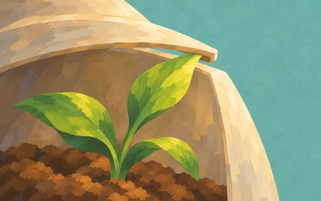 A young plant grows beneath a protective cover, its leaves reaching toward a small open vent.