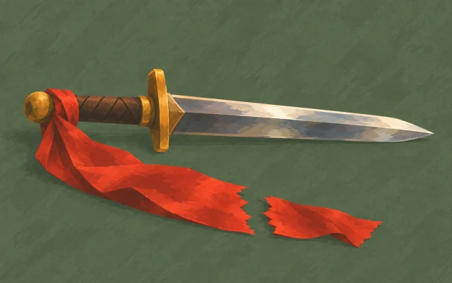 An exposed blade rests beside a red ribbon with a severed end.