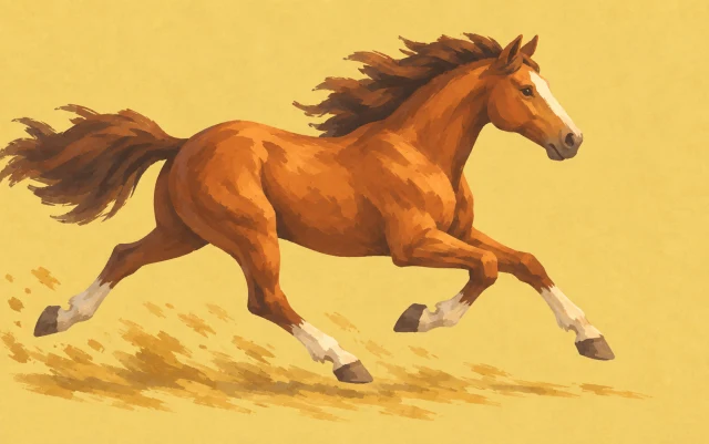 A horse runs in a wide stride across the frame toward a larger open space ahead.