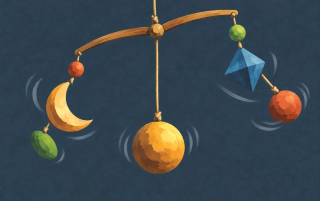 An uneven mobile hangs with its central weight low and short curved trails around its swaying ends.